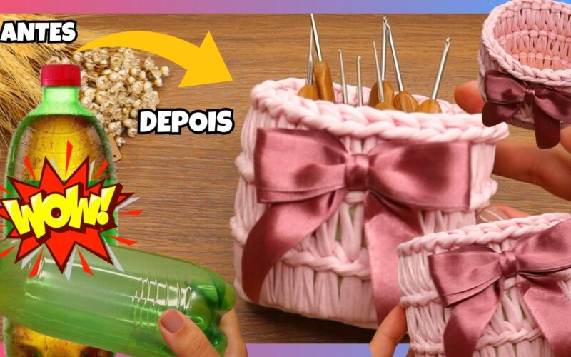 COMO FAZER CESTO DE FIO DE MALHA PARA INICIANTES COM GARRAFA PET FÁCIL DE FAZER RECICLAGEM..