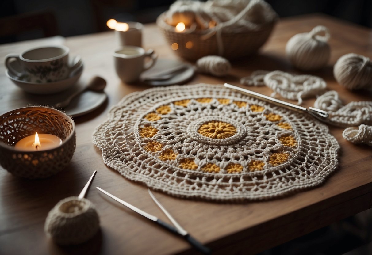 Advanced techniques and modeling crochet course. Intricate patterns and tools on a table. Bright lighting and organized workspace