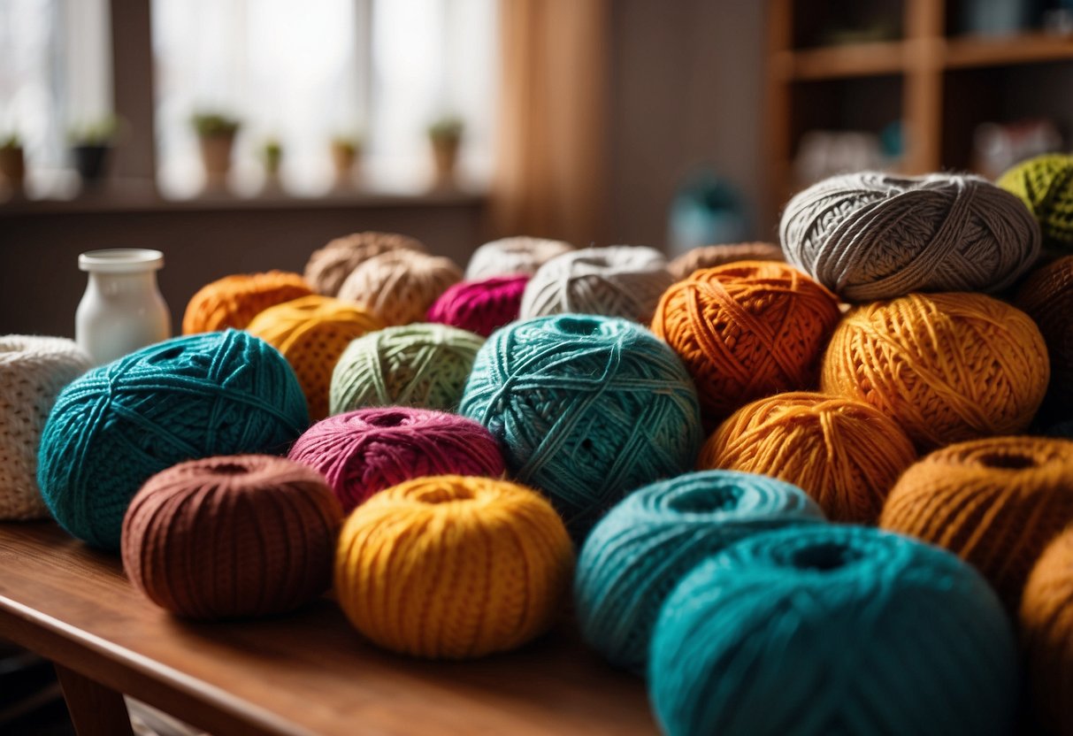 A colorful array of crocheted items, from blankets to clothing, displayed on a table in a well-lit room. Yarn and crochet hooks are neatly organized nearby