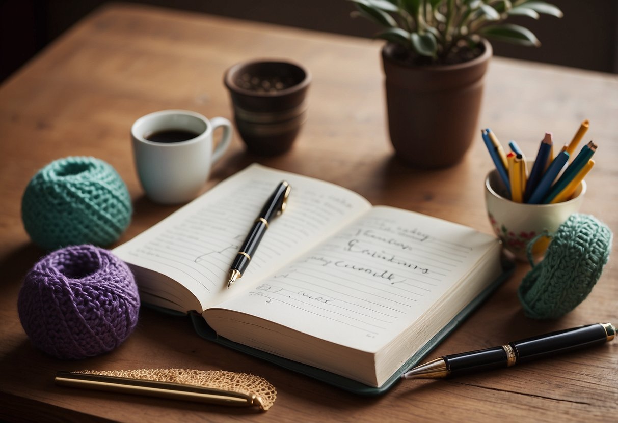 A table with crochet materials, a notebook, and a pen. A sign with "Frequently Asked Questions curso de crochê" displayed
