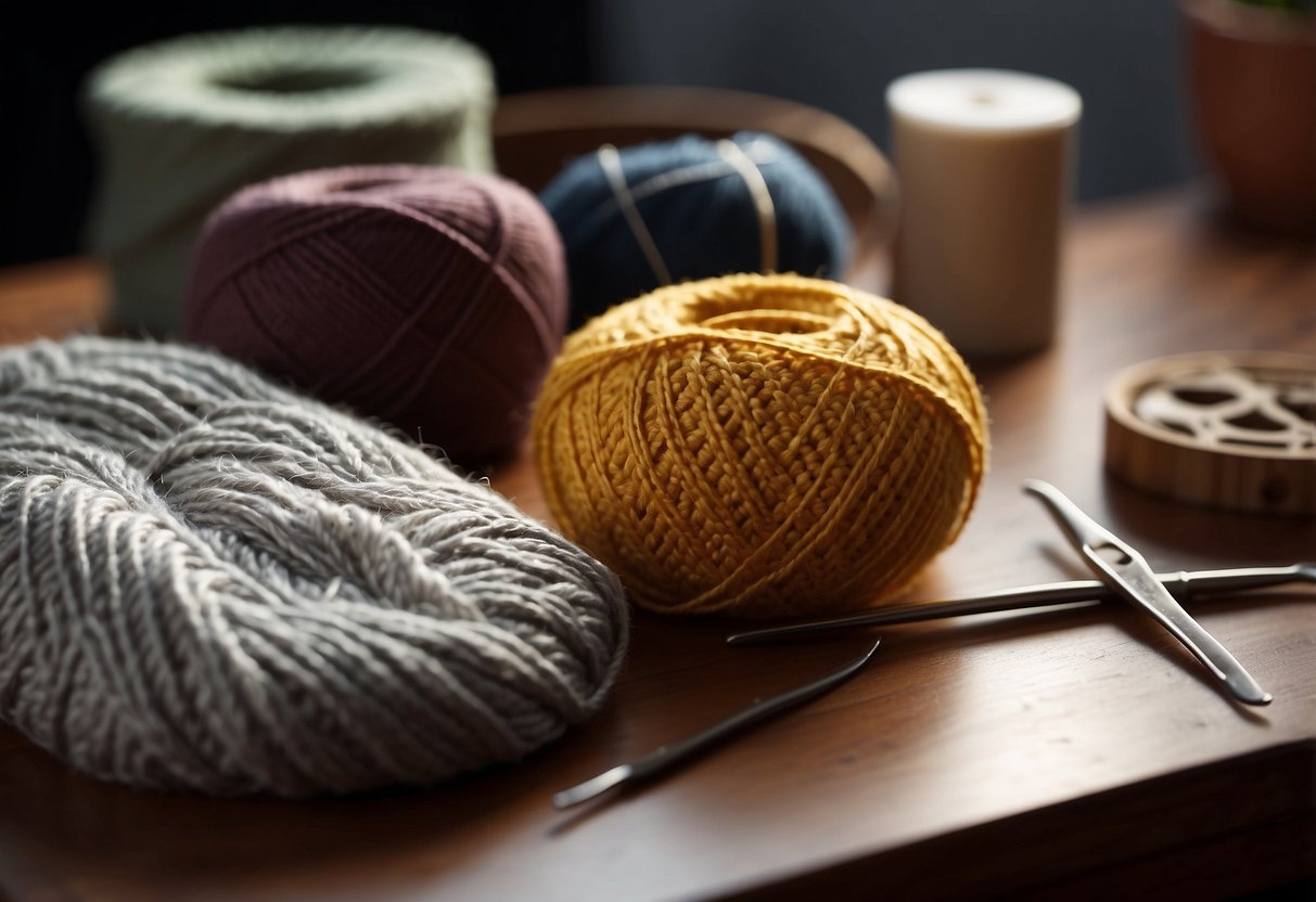 A table with crochet supplies: yarn, hooks, and a pattern book. A beginner's project in progress, with simple stitches and a small swatch