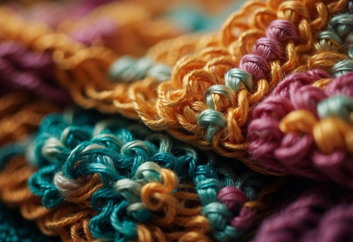 A close-up of intricate crocheting stitches with advanced techniques and finishing details for beginners