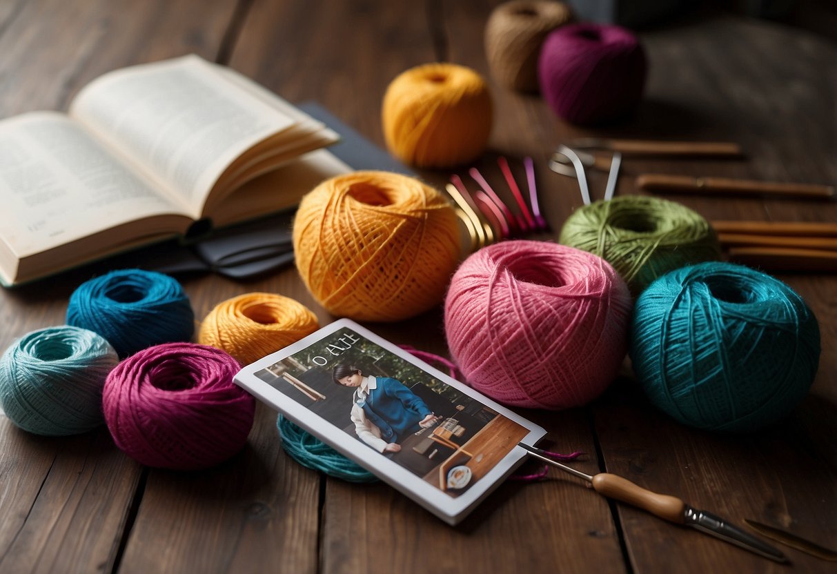 A table with colorful yarn, crochet hooks, and a pattern book for a crochet course