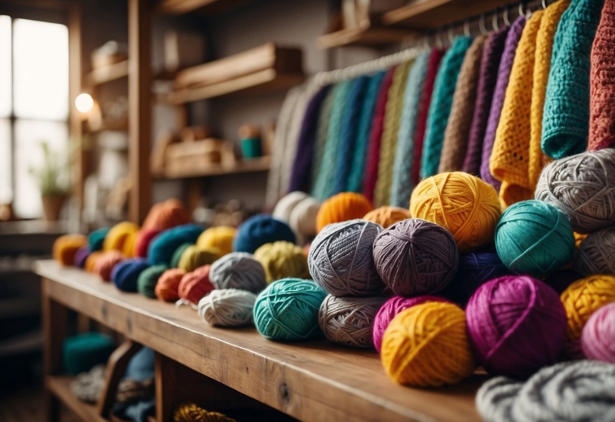 A colorful crochet workshop with various yarns, hooks, and finished pieces displayed on tables. Bright lighting and a cozy atmosphere