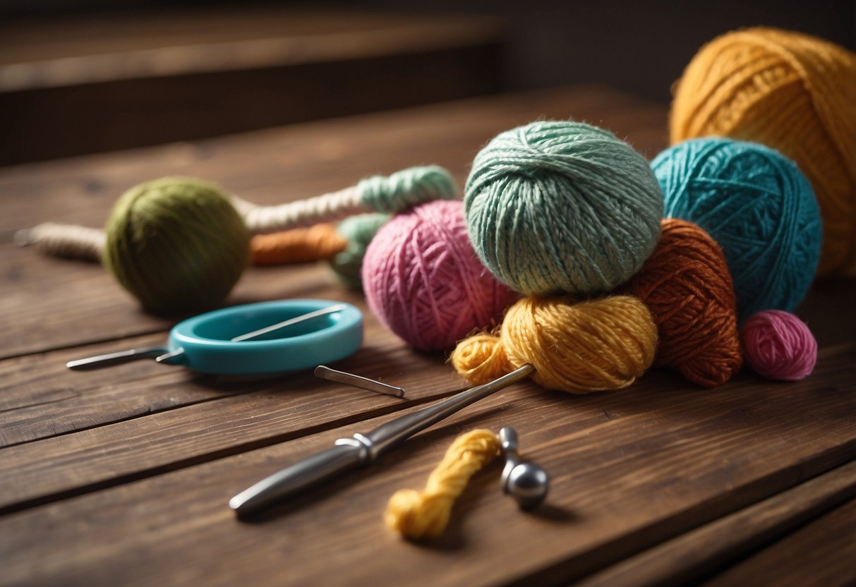 A colorful crochet hook and ball of yarn on a wooden table with a "Frequently Asked Questions" sign in the background