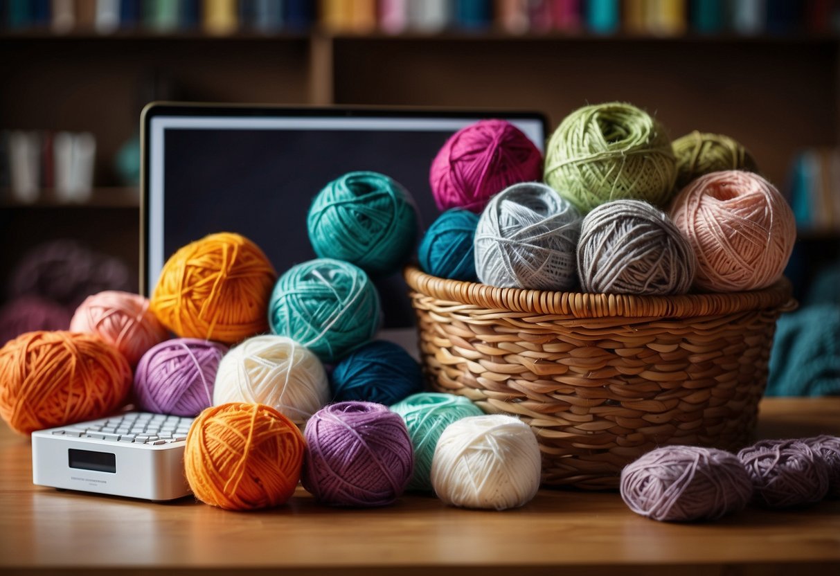 A colorful yarn basket sits beside a laptop displaying a crochet online course. Various crochet hooks and yarn spools are scattered on the table