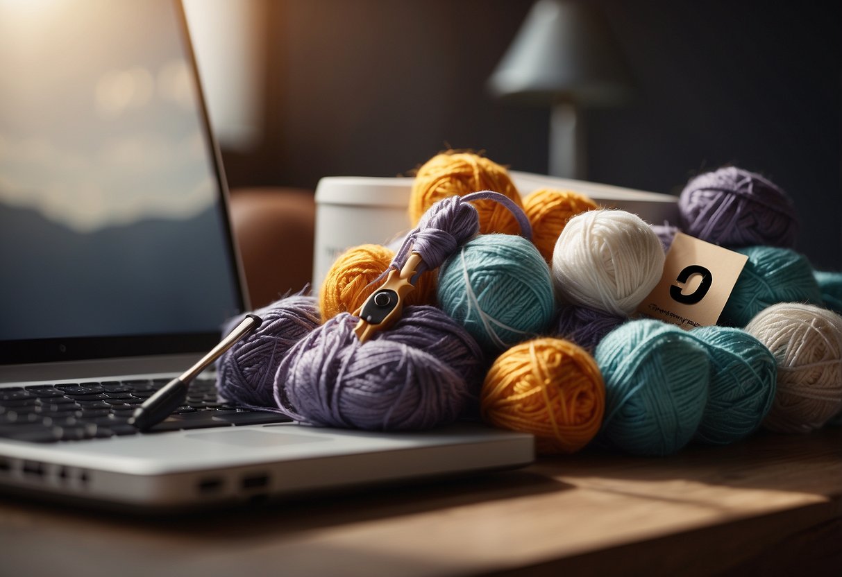 A computer with a crochet hook and yarn, surrounded by question marks and a "Frequently Asked Questions" banner