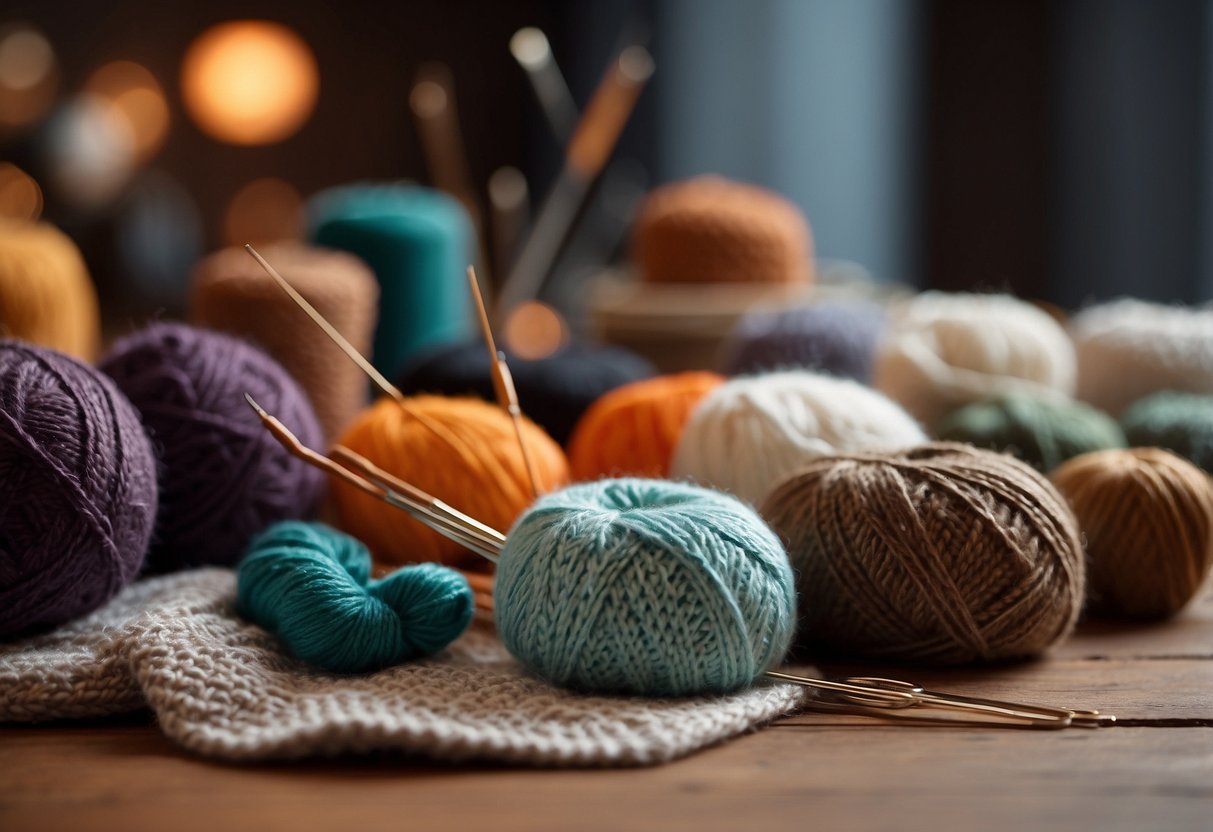 A table with yarn, knitting needles, and crochet hooks. A piece of knitted fabric and a crocheted piece displayed side by side