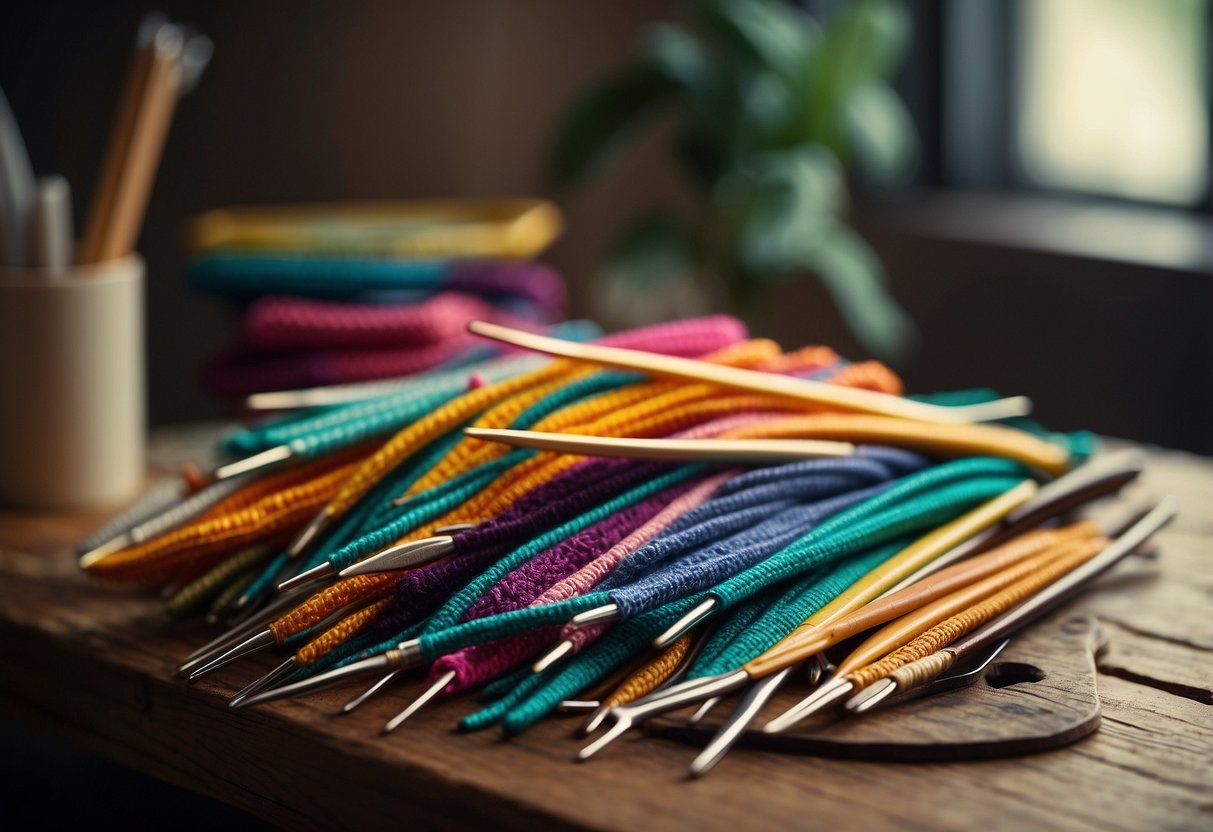 A pile of colorful crochet hooks arranged neatly on a table, with a "Frequently Asked Questions" sign next to them