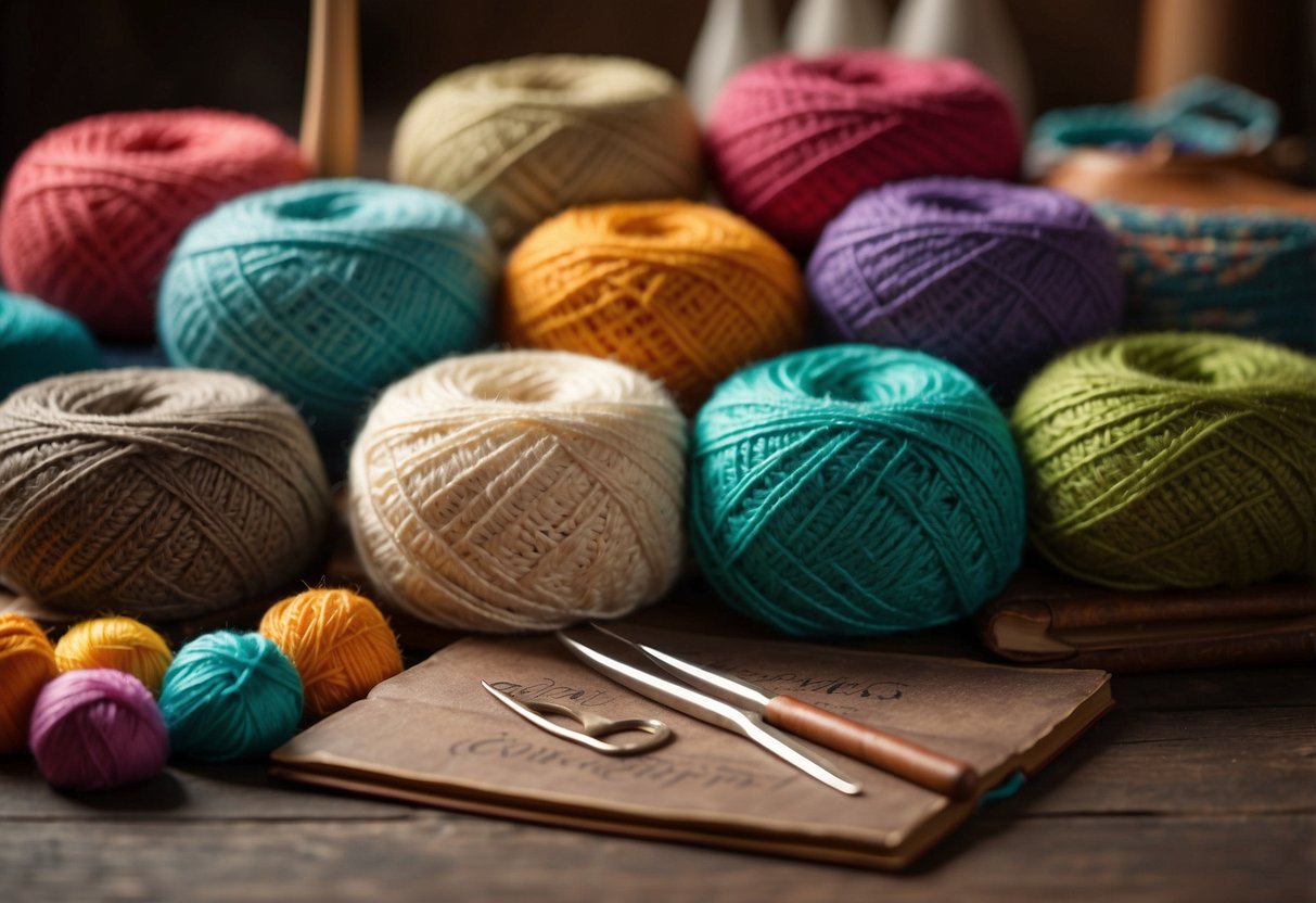 A table with colorful yarn, crochet hooks, and a Tunisian crochet pattern book