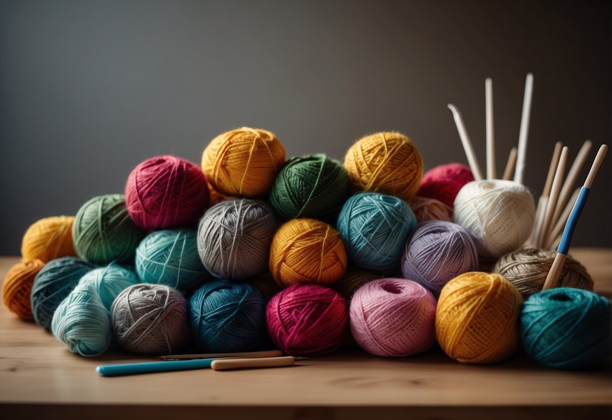 A table with colorful yarn, crochet hooks, and a finished Tunisian crochet project. A calendar on the wall marks project start and end dates