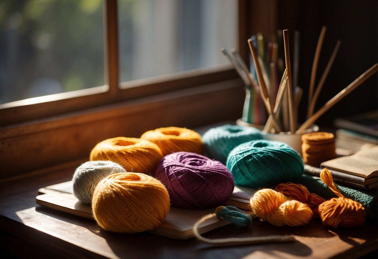 A table with colorful yarn, crochet hooks, and a pattern book for Tunisian crochet. Light streams in from a nearby window, casting a warm glow over the materials