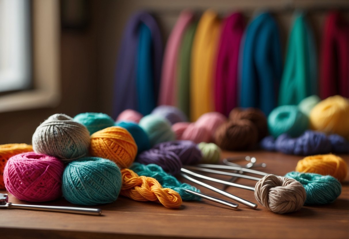 A colorful crochet hook and yarn spools arranged on a cozy table with a "Frequently Asked Questions" sign in the background