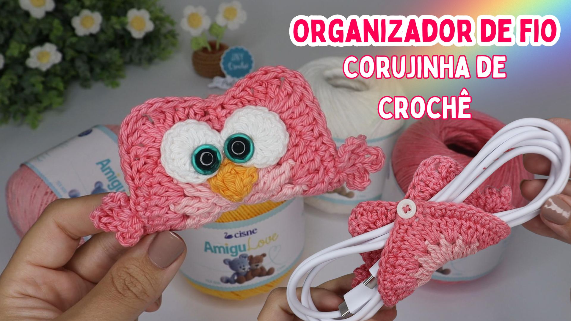 organizador de fios, organizador de cabos, Organizador de cabos mesa, coruja de crochê, corujinha de crochê, jnycroche, linhascorrente,
