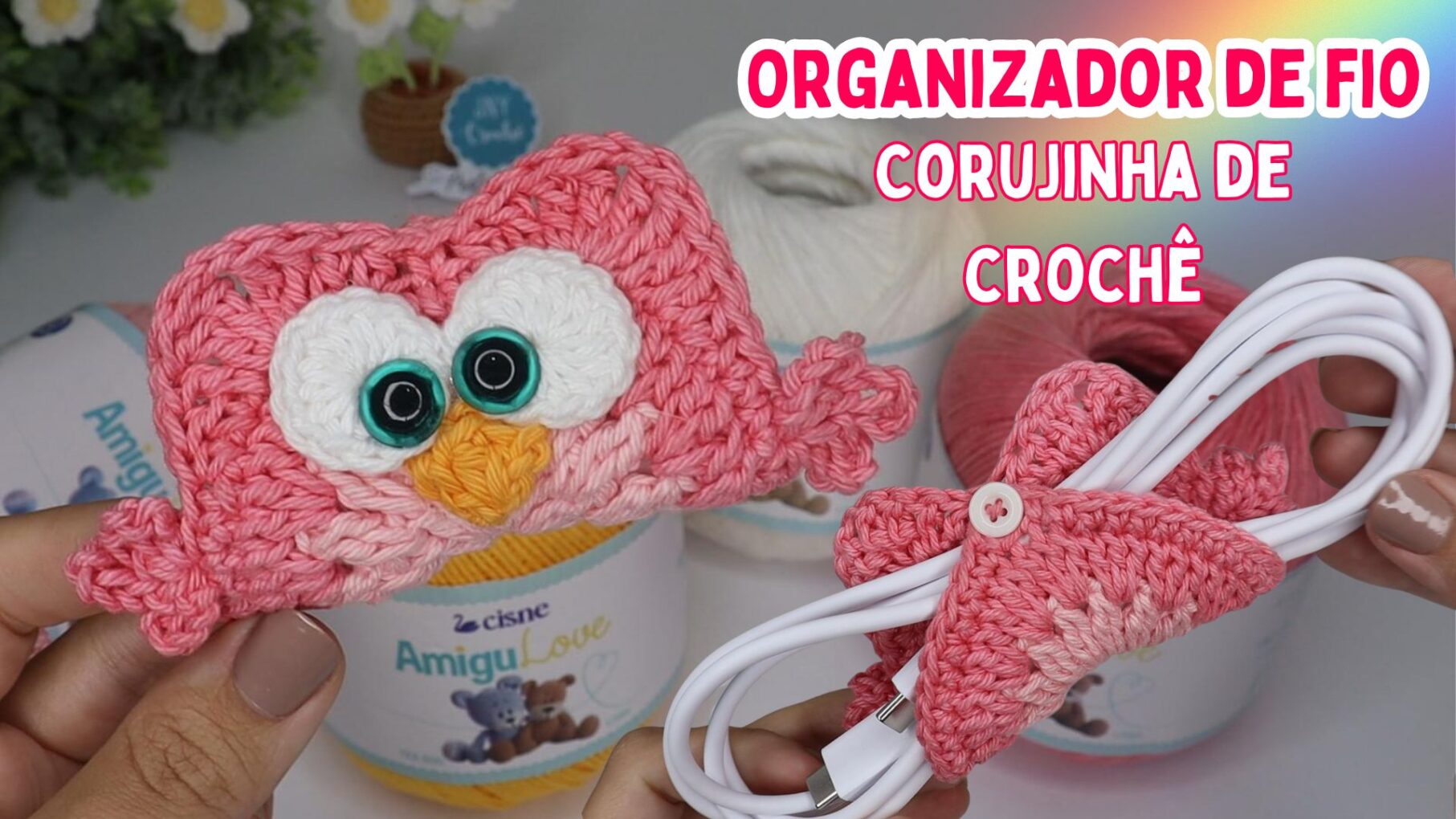 organizador de fios, organizador de cabos, Organizador de cabos mesa, coruja de crochê, corujinha de crochê, jnycroche, linhascorrente,
