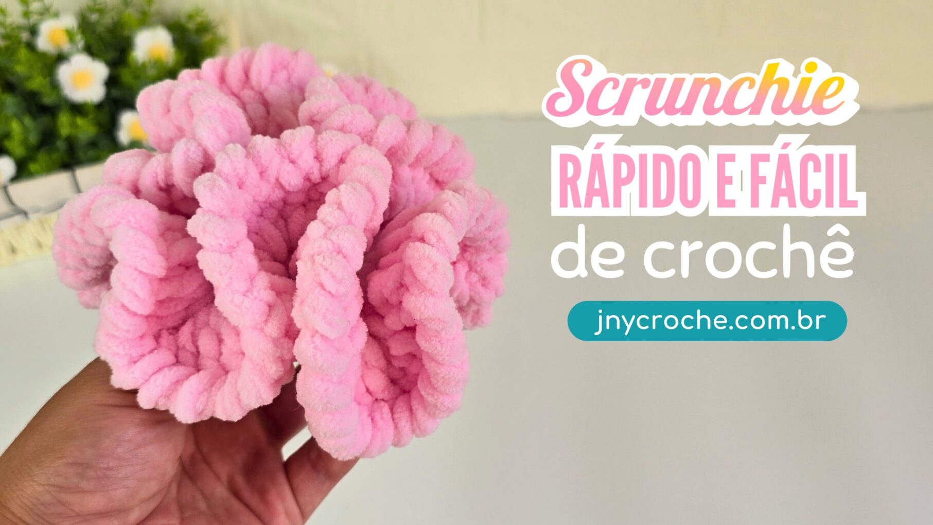 Scrunchie de crochê Rosa para cabelo linda, rápida e fácil