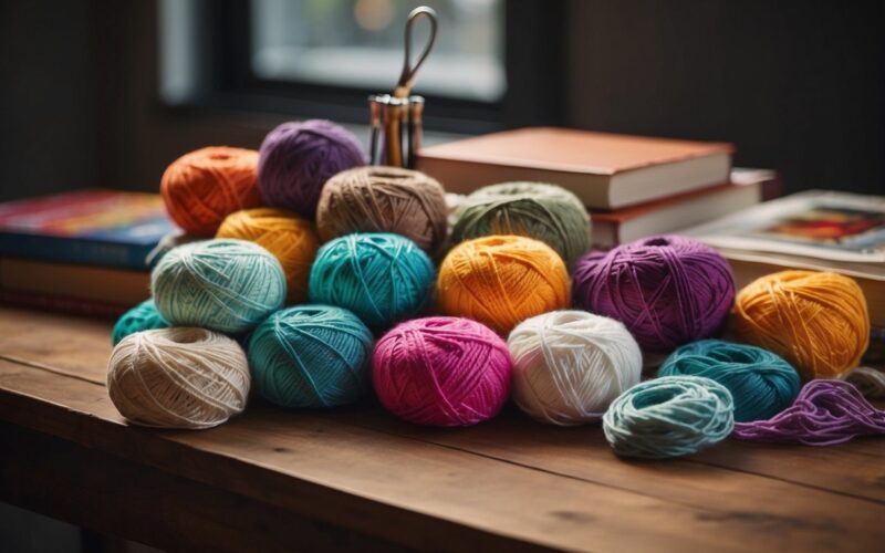 A table with colorful yarn, crochet hooks, and a pattern book