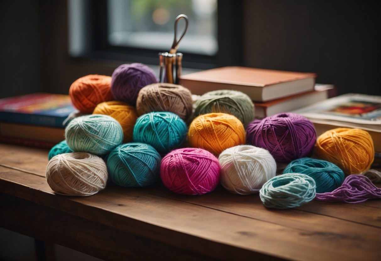Uma mesa com fios coloridos, agulhas de crochê e um livro de padrões