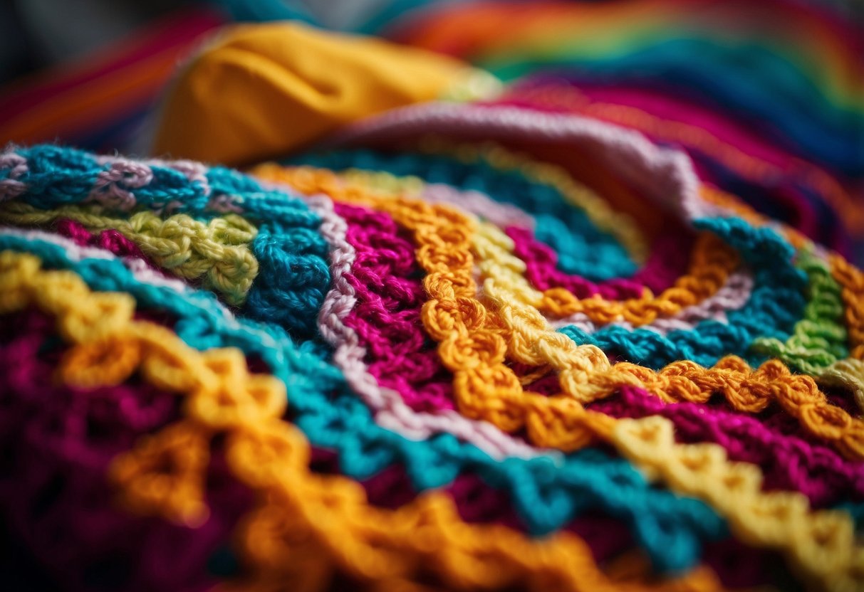 Uma peça de crochê colorida exibida em um ambiente cultural vibrante, mostrando o impacto social e a expressão criativa do artesanato