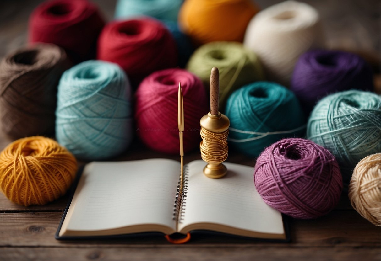 Uma agulha de crochê colorida cercada por novelos de lã, livros de padrões e um caderno cheio de designs criativos