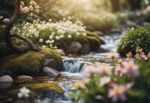 Um jardim sereno com flores desabrochando, um riacho fluindo e uma árvore com árvores retorcidas