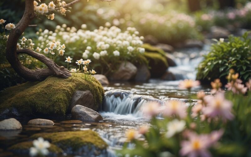 Um jardim sereno com flores desabrochando, um riacho fluindo e uma árvore com árvores retorcidas