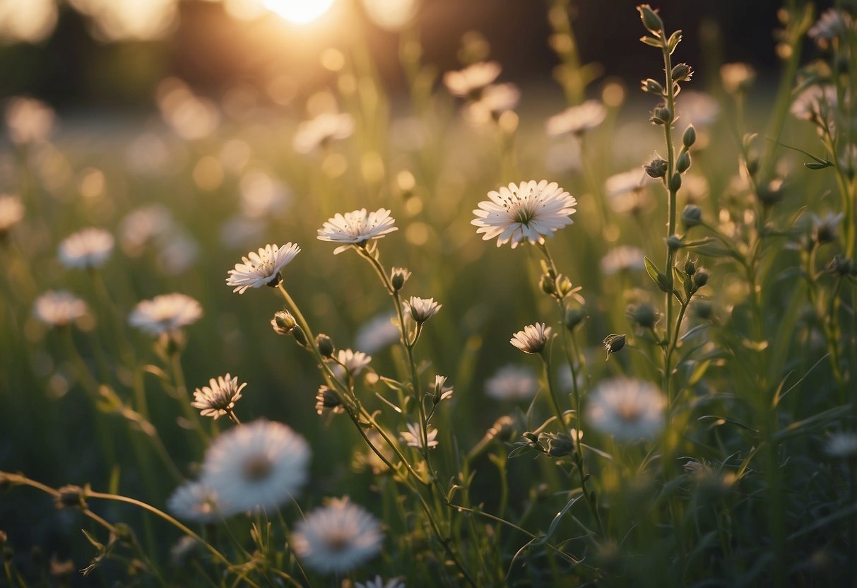 Um prado sereno com flores delicadas e trepadeiras retorcidas, capturado pelo brilho suave do pôr do sol