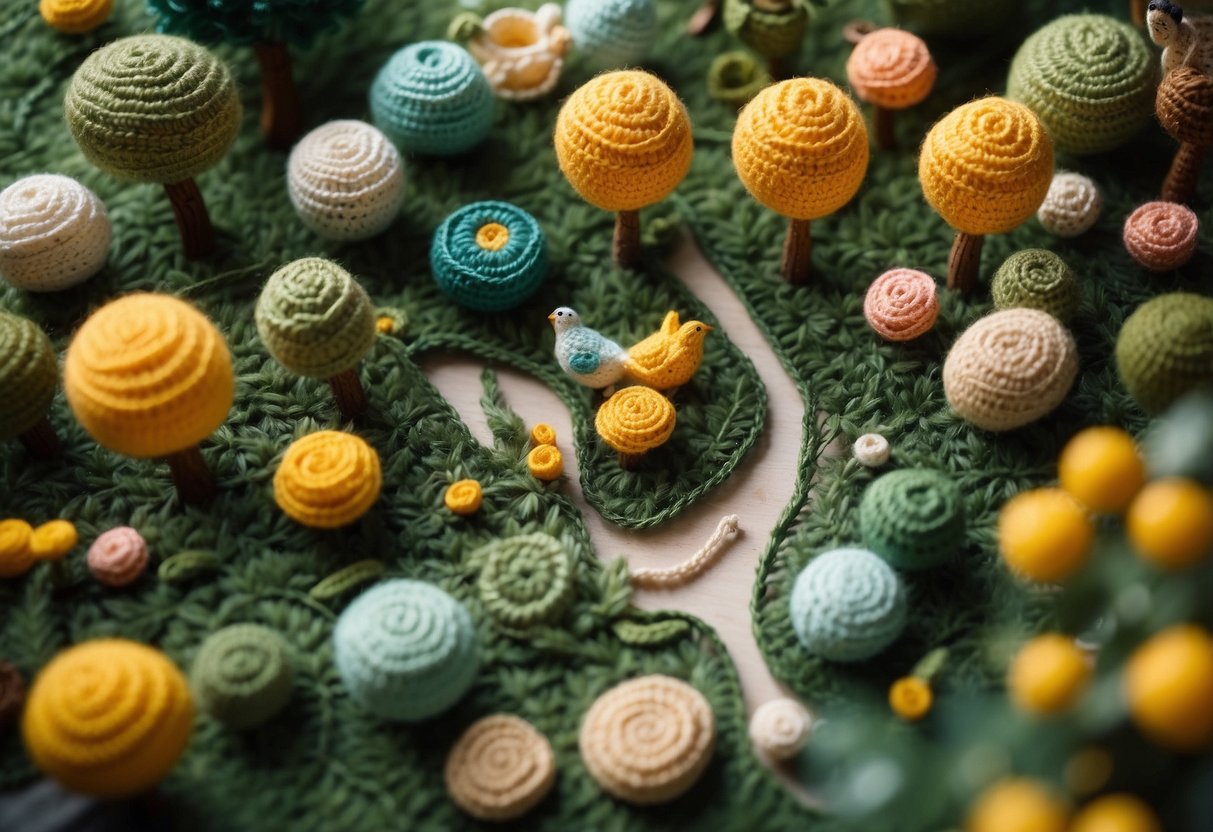 Um cenário sereno de floresta com peças de crochê inspiradas na natureza. Vista aérea de um cenário tranquilo com árvores, flores e desenhos complexos de crochê.