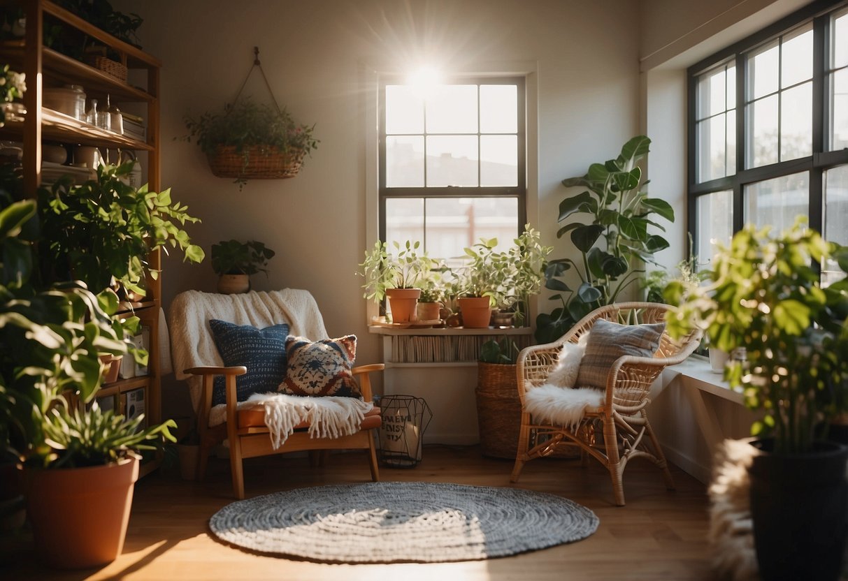 Uma sala de estar aconchegante com uma mesa coberta com fios coloridos, cercada por vasos de plantas e elementos naturais. A luz do sol entra pela janela, lançando um brilho aconchegante ao ambiente.