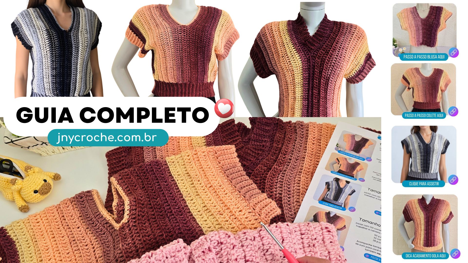 GUIA DE TAMANHOS Blusa de crochê e colete de crochê