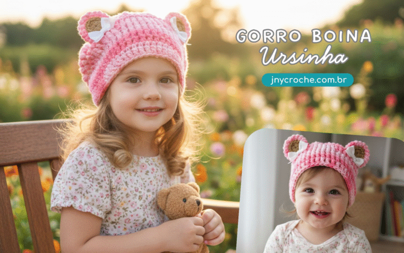 Gorro Boina Rosa ursinha menina THUMBS Club do Crochê