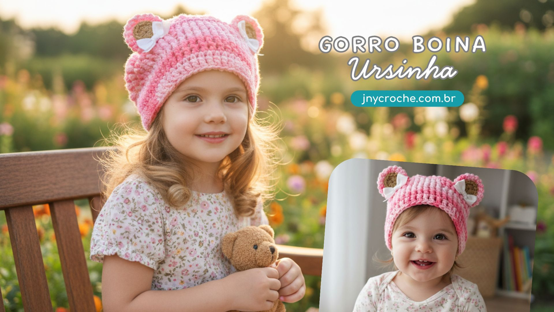 Gorro Boina Rosa ursinha menina THUMBS Club do Crochê