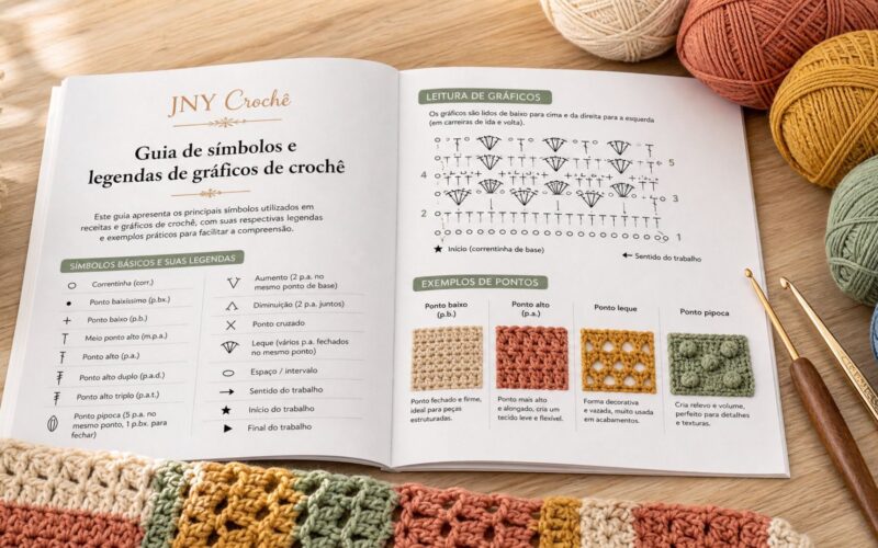 Guia de símbolos e legendas para gráficos de crochê