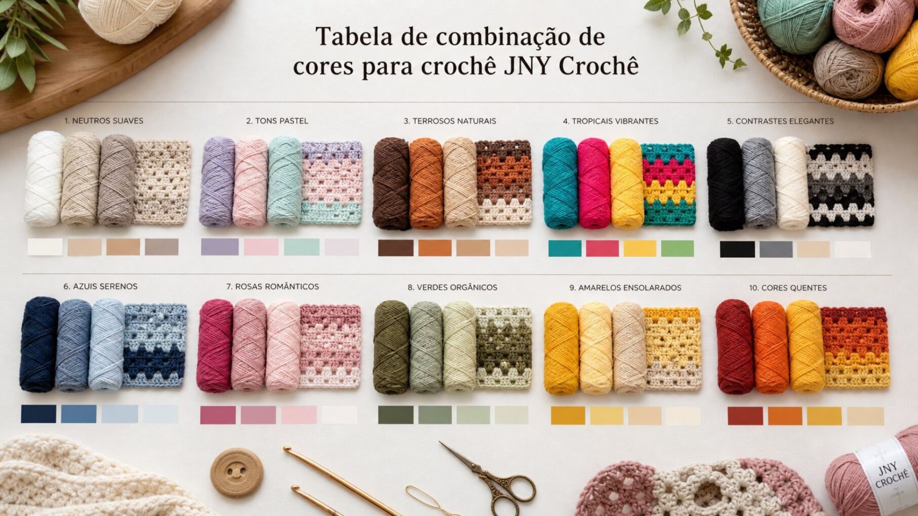 Tabela de combinação de cores para crochê com a JNY Crochê