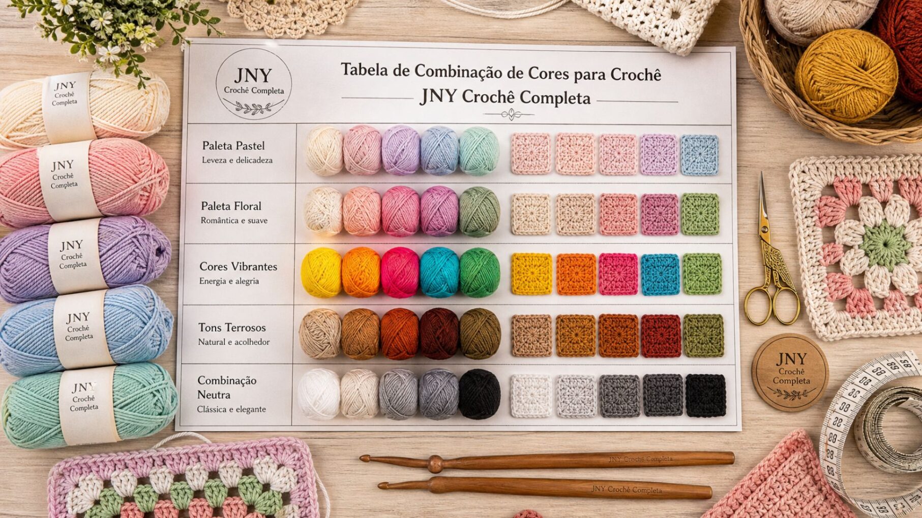 Tabela de combinação de cores para crochê com a JNY Crochê