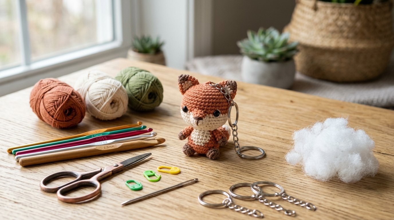 Chaveiro amigurumi de crochê cercado por fios, agulhas, tesoura e materiais artesanais sobre uma mesa.