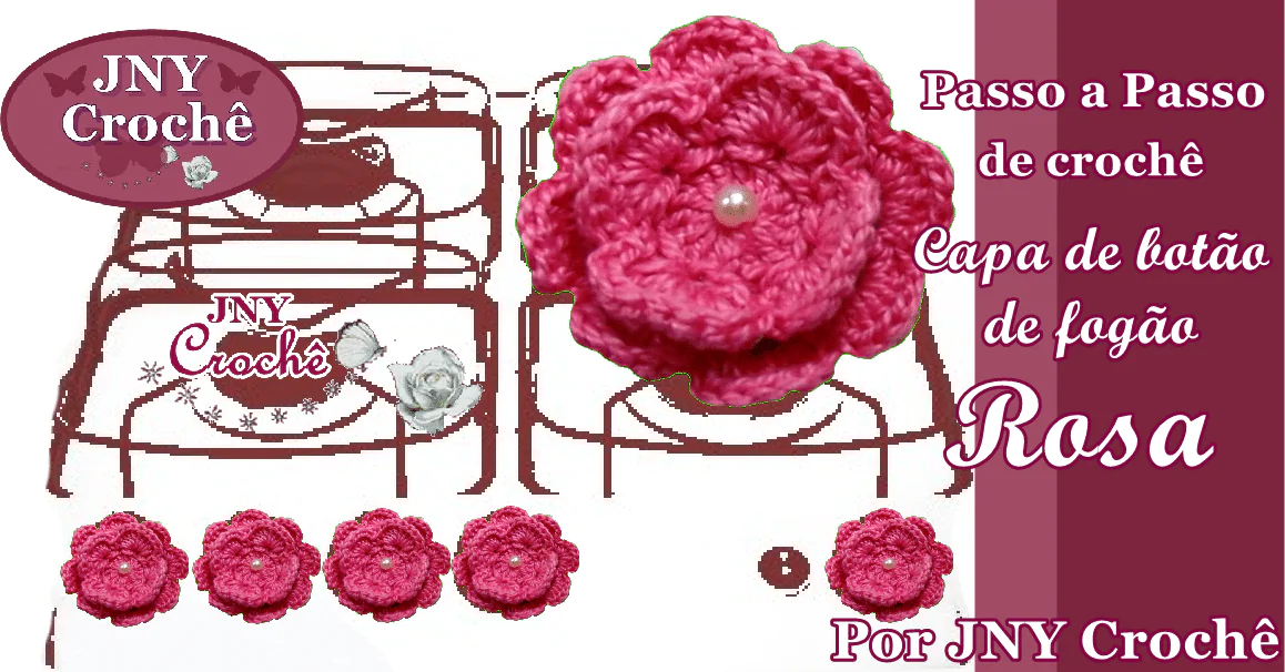 Capa de botão de fogão de crochê | Flor Rosa