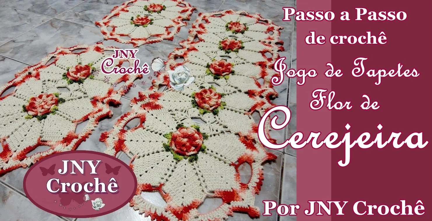 Jogo de tapete Flor de Cerejeira de crochê