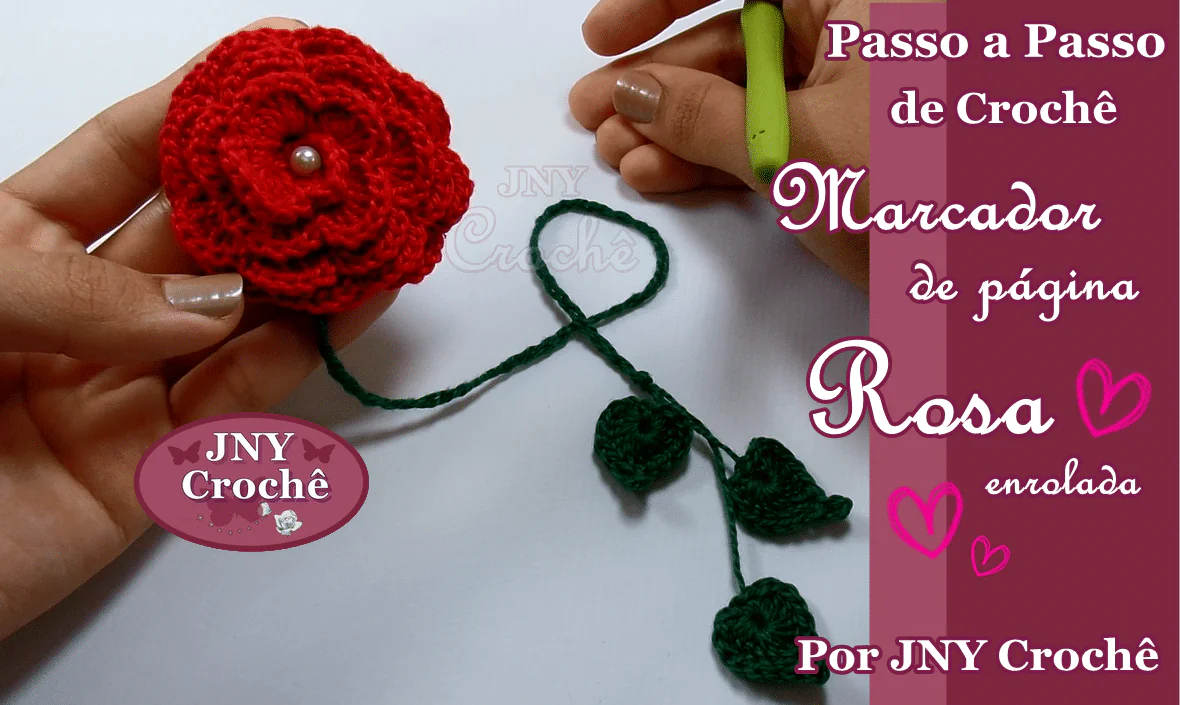 Marcador de Página Rosa enrolada de crochê