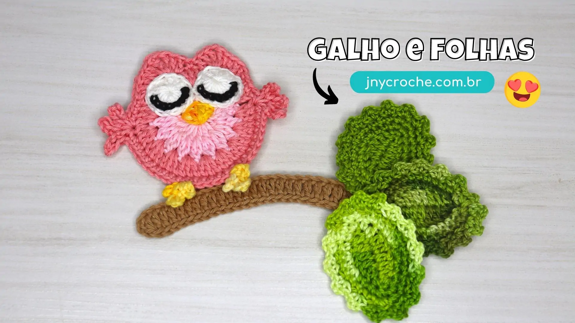 Folhas de crochê passo a passo com galho e corujinha de crochê para aplique
