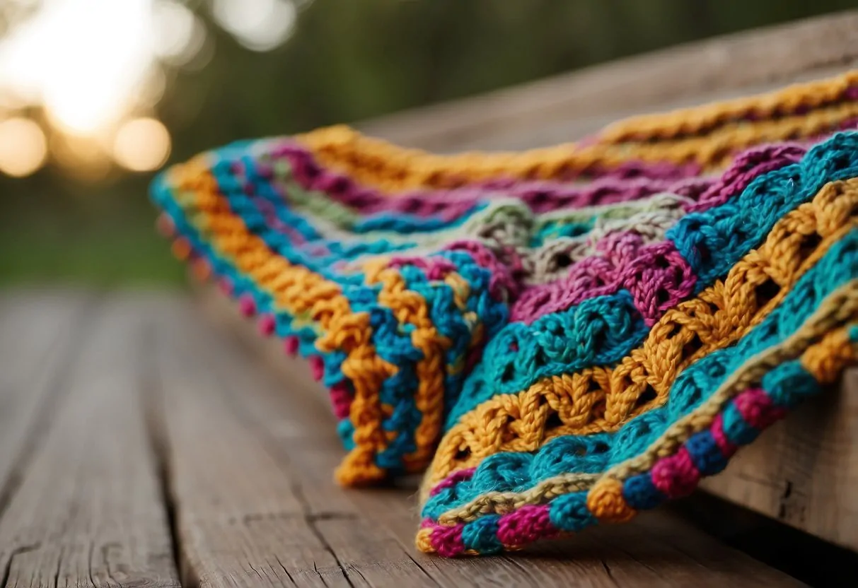 A colorful crocheted Tunisian pattern, with a hook and yarn, laid out on a wooden surface
