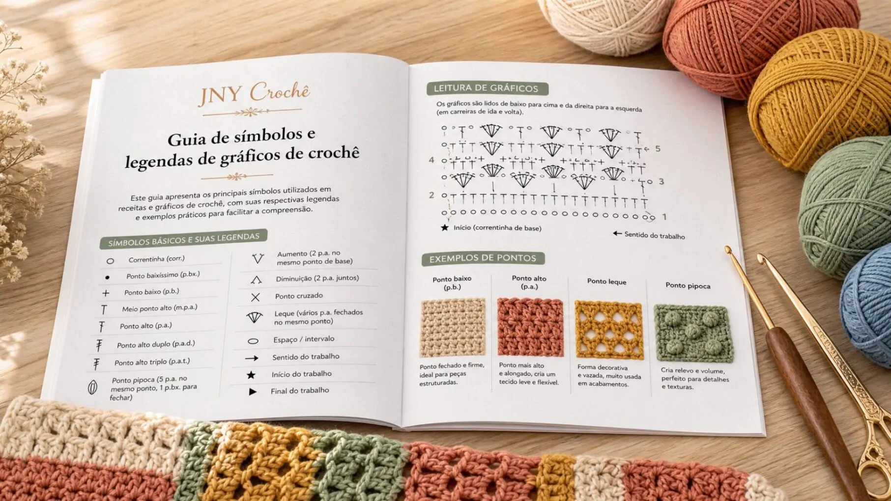 Guia de símbolos e legendas para gráficos de crochê